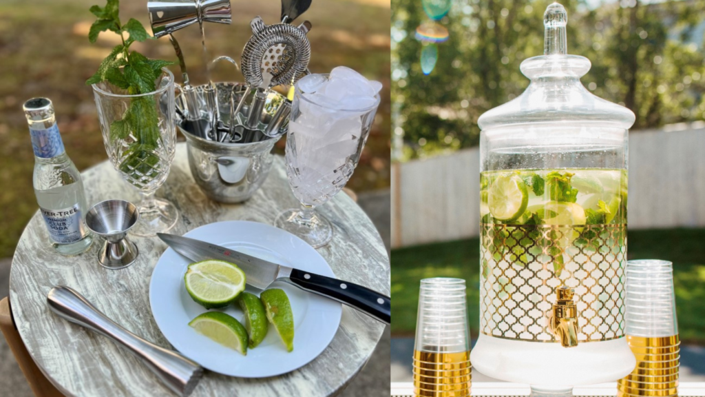 Muddler, Limes, Mint Leaves, Fever Tree bottle, Jigger, Glasses Set Up 5---Gallon Jar of Mojitos with gold-rimmed cups