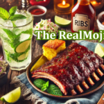 Barbecue Pork Ribs Plated with a Mojito Cocktail to its side