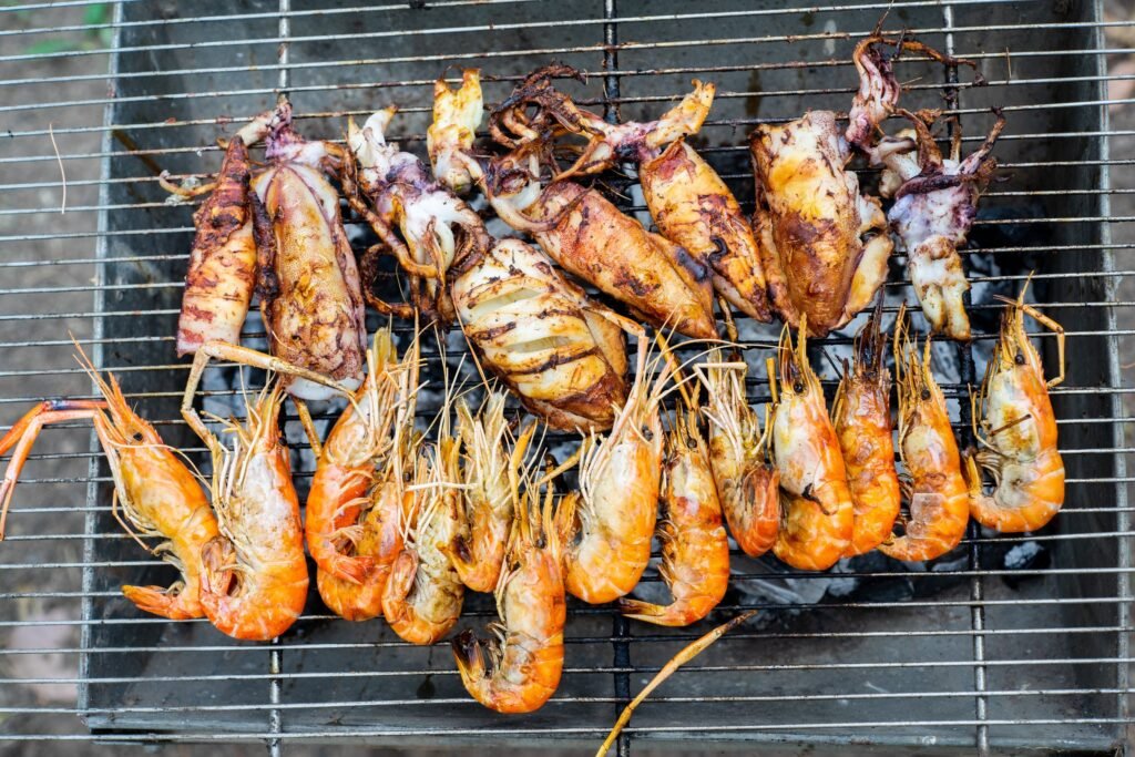 shrimp squid Barbecue Grill cooking seafood background eat Restaurant Top view - BBQ News