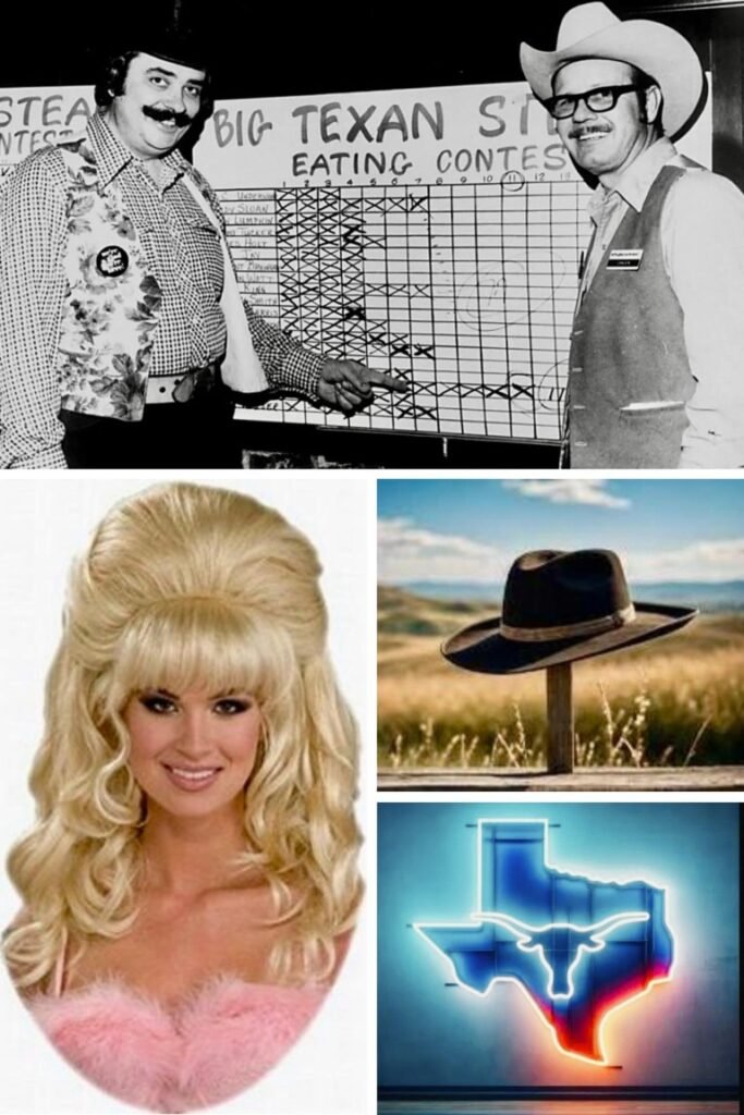 Bigger in Texas 10 gallon hat, BIG TEXAS HAIR, 72 ounce Cowboy steak B/W Challenge Board, Neon TX-- Collage