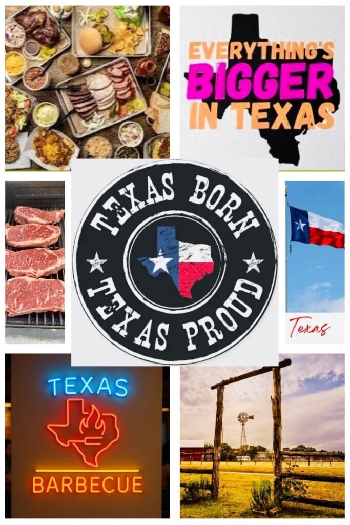 Bigger in Texas 10 gallon hat, BIG TEXAS HAIR, 72 ounce Cowboy steak B/W Challenge Board, Neon TX-- Collage