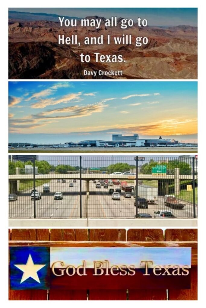 Bigger in Texas Synopsis Collage – Highways, Airport, Quotes