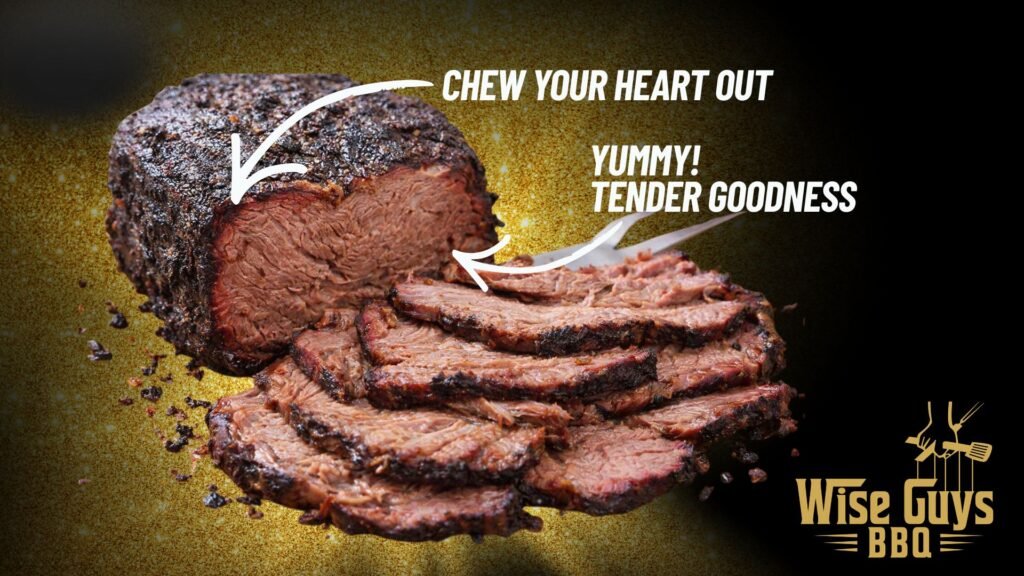 Chuck Roast Sliced smoked beef brisket on a gold-speckled background with promotional text and the Wise Guys BBQ logo bottom right.
