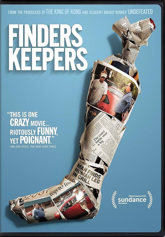 image003 Poster for Finders Keepers: a leg wrapped in torn newspaper strips against a blue background with the large white title and Sundance laurels in the corner