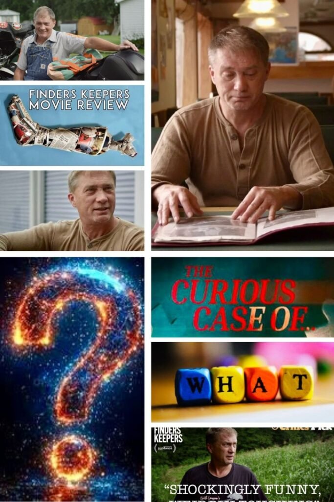 image005 Collage with a man by a motorcycle, a 'Finders Keepers Movie Review' poster, and a man reading a book indoors.