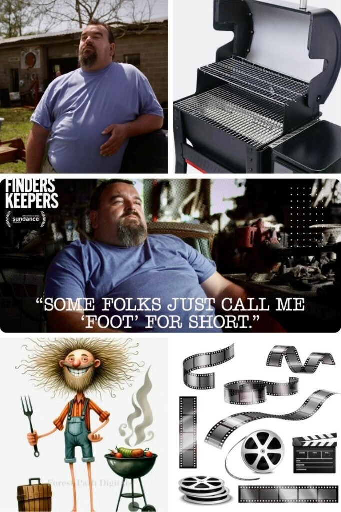 image007 Collage of five images: a large man outdoors, a barbecue grill, a Finders Keepers still image with a man in blue, a cartoon bearded griller, and film-strip icons with a clapperboard.