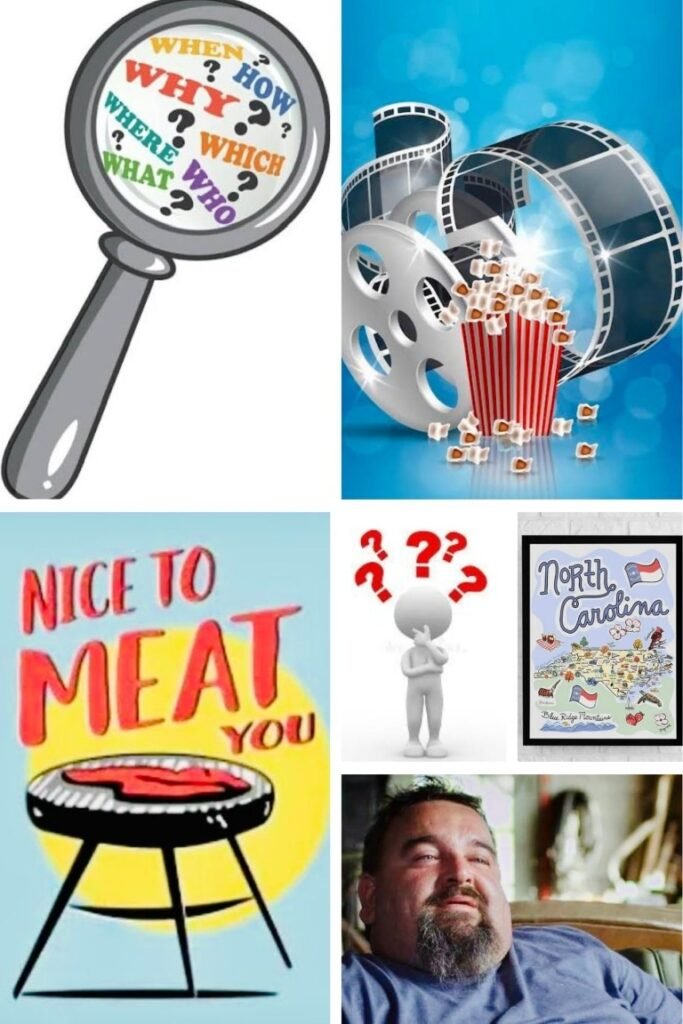 image008 Collage of six images: magnifying glass with colorful question words, film reel and popcorn, 'Nice to meat you' grill, puzzled figure with question marks, framed North Carolina map, and a smiling overweight man.