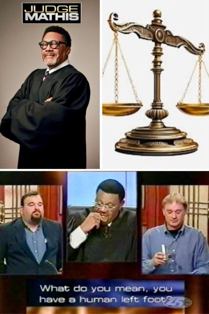 image010 Collage: a judge in robes and glasses, scales of justice, and a three-panel courtroom meme captioned 'What do you mean, you have a human left foot?'