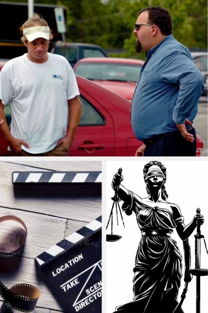 image011 Two men stand near a red car as they converse; lower left shows a film clapperboard with 'LOCATION' text; lower right features a black‑and‑white Lady Justice illustration with scales.