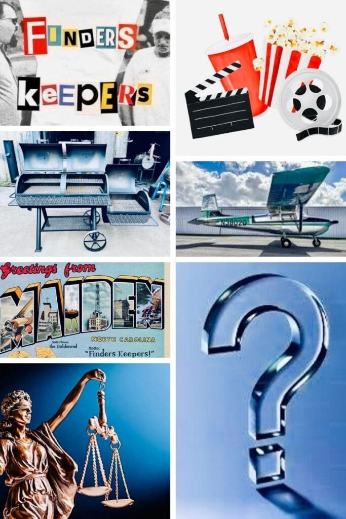 image012 Collage showing various 'Finders Keepers' themed images: cut‑out letters forming 'Finders Keepers', popcorn and soda, a barbecue grill, a small plane, a vintage 'Greetings from' postcard, a scales of justice statue, and a large question mark.
