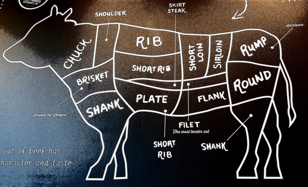 take-a-bite-2026-03-19-08-12-56-utc 1 Diagram of a cow showing common beef cuts labeled (chuck, rib, loin, round, brisket, shank, plate, flank, etc.).