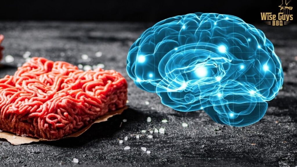 Ground beef shaped like a brain beside a glowing blue digital brain on a dark surface, symbolizing brain-boosting protein.