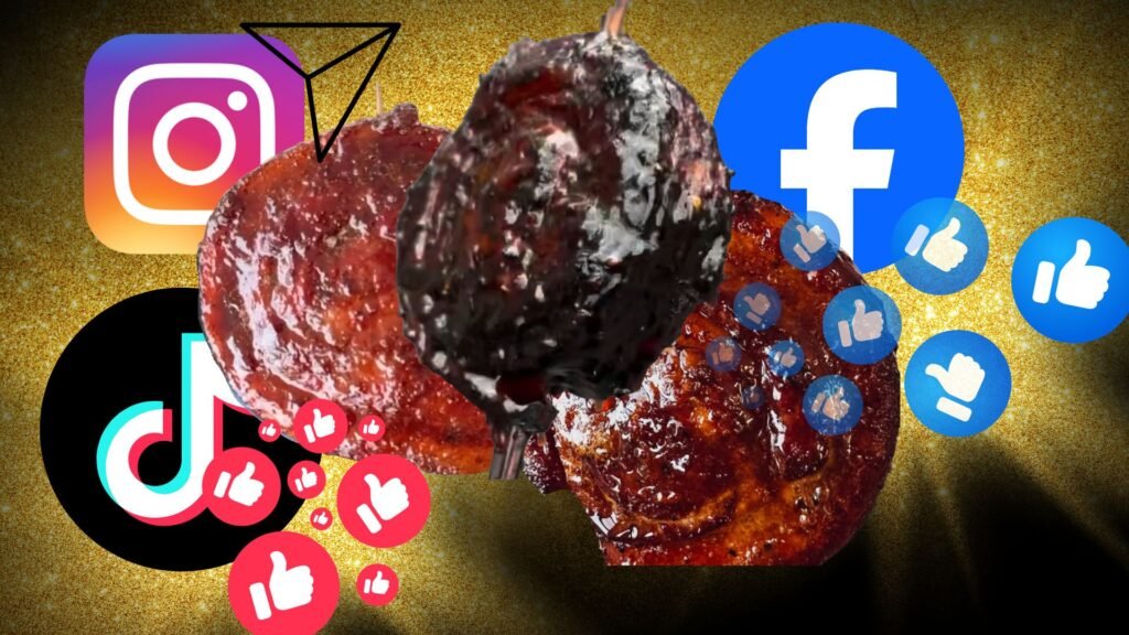 Tik Tok Pinwheel Collage of social media logos (Instagram, TikTok, Facebook) with many like thumbs and a central pile of glazed meat on a glittery gold background.