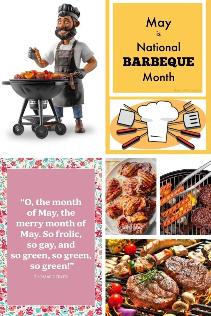 Collage promoting May as National Barbecue Month with a chef grilling, utensils, and grilled meats.