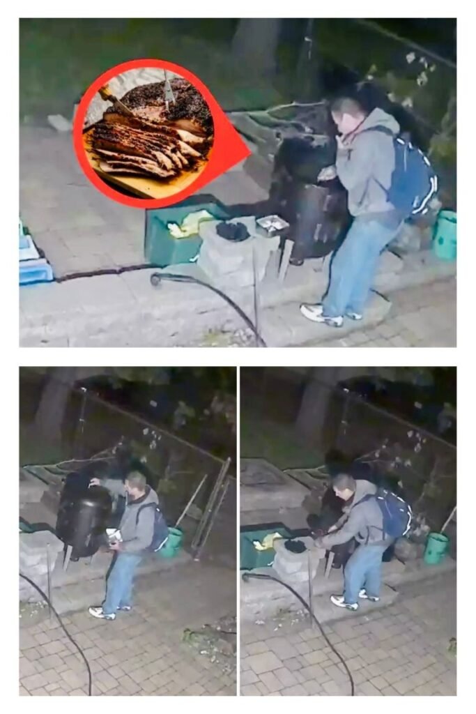 Nighttime surveillance image of a person with a backpack near a grill; inset shows cooked meat on a plate circled in red, implying meat being taken or examined.