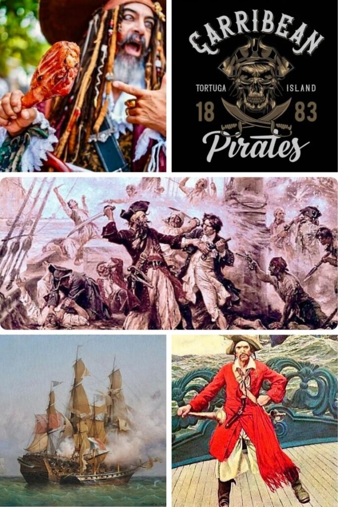 Collage of pirate-themed images: a man with meat, a Caribbean Pirates logo, a 18th‑century battle scene, a sailing ship, and a red‑coated pirate.