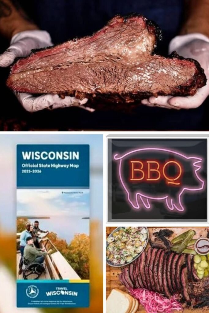 Collage of barbecue and travel items: smoked beef roast held by gloved hands, a Wisconsin highway map brochure, a neon pig-shaped BBQ sign, and a platter of sliced barbecue with sides.