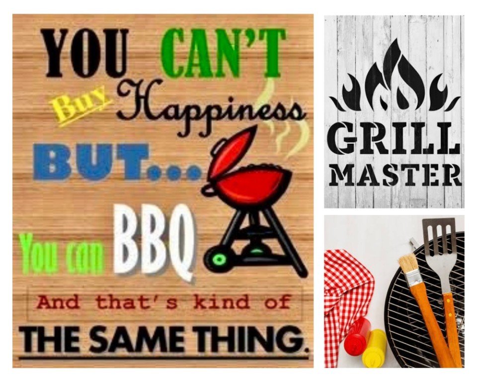 Collage: a BBQ-themed quote about happiness, a 'Grill Master' panel, and grilling tools.
