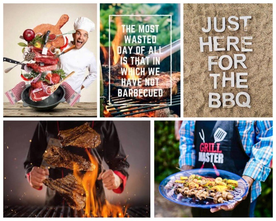 Collage of barbecue scenes: chef tossing meat, a BBQ quote, 'Just here for the BBQ' sign, sizzling steaks, and a grill master with a platter of skewers.