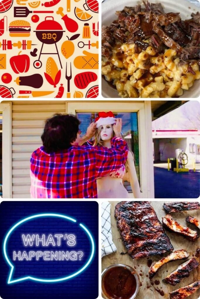Colorful BBQ-themed pattern with grill icons and various foods on a light background, like burgers and corn.