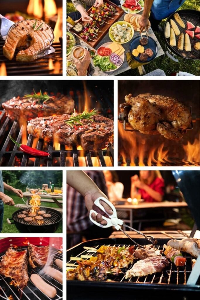 Collage of barbecue foods on grills: steak, skewers, ribs, chicken, and sausages at an outdoor cookout.