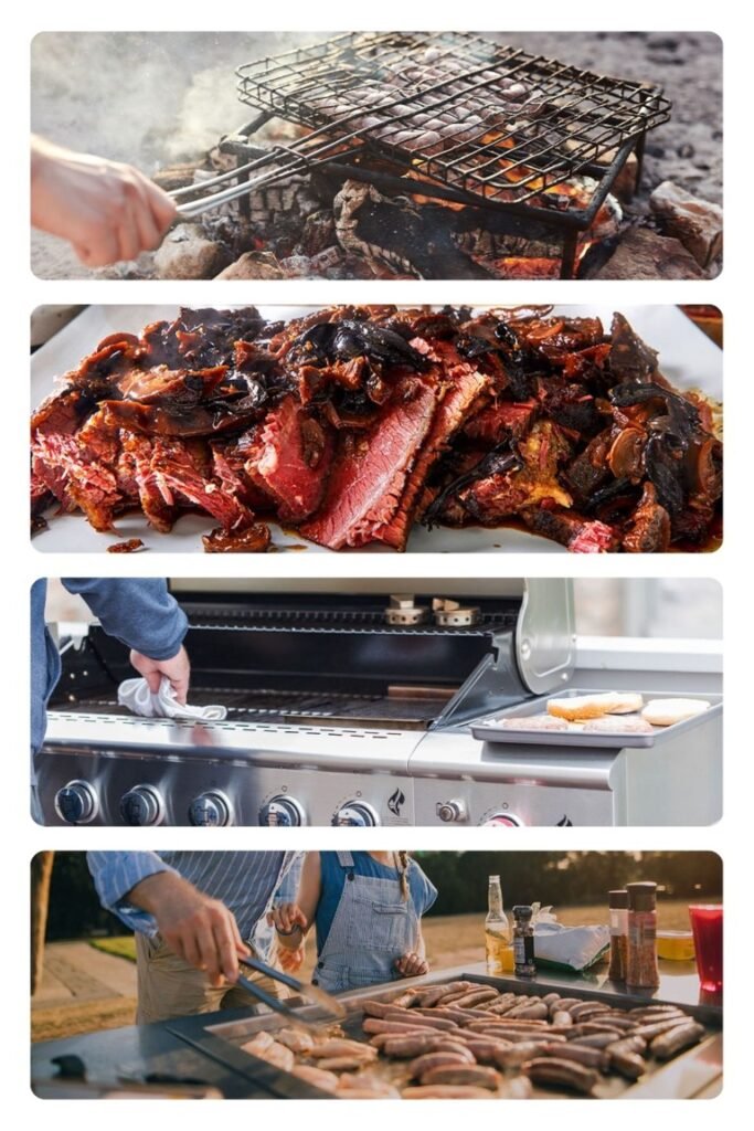 Four-panel barbecue montage: grilling over charcoal, sliced smoked beef ready to serve, a stainless grill with buns, and outdoor sausages cooking on a grill.