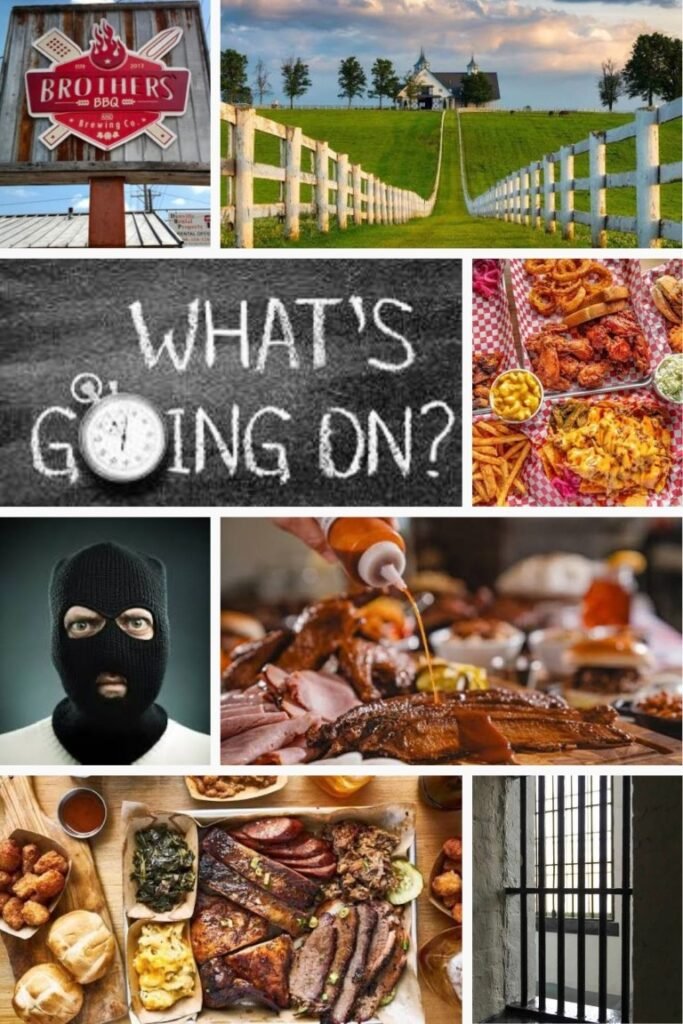 Collage of various scenes: a BBQ sign, a country farm with a white fence, a chalkboard reading 'WHAT'S GOING ON?', fried foods and sides, roasted meat with sauce, plated barbecue meats, a masked man, and prison bars.