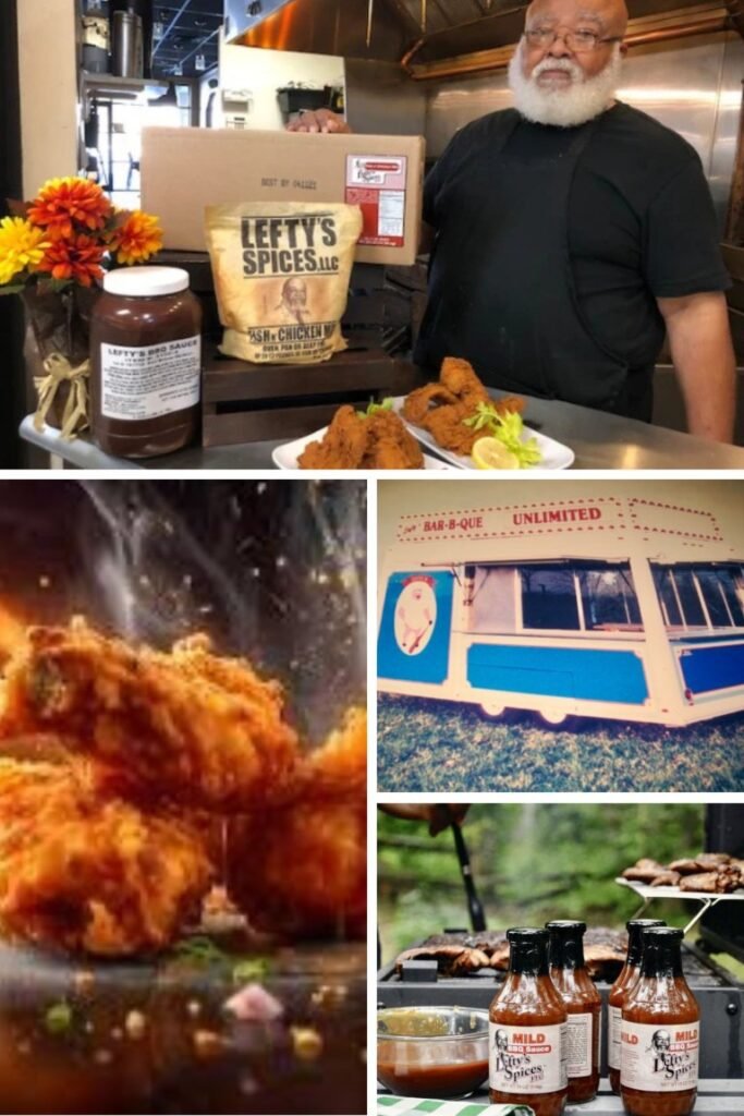 Smiling man in a black shirt behind a counter with a Lefty’s Spices bag, a sauce jar, and fried chicken on plates.