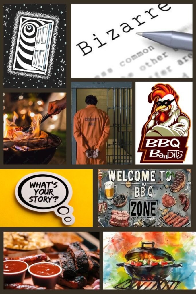 Collage of barbecue-themed images: grill with ribs, BBQ signs, a chicken logo, and festive cooking imagery plus a jail cell scene and a surreal door in the background.