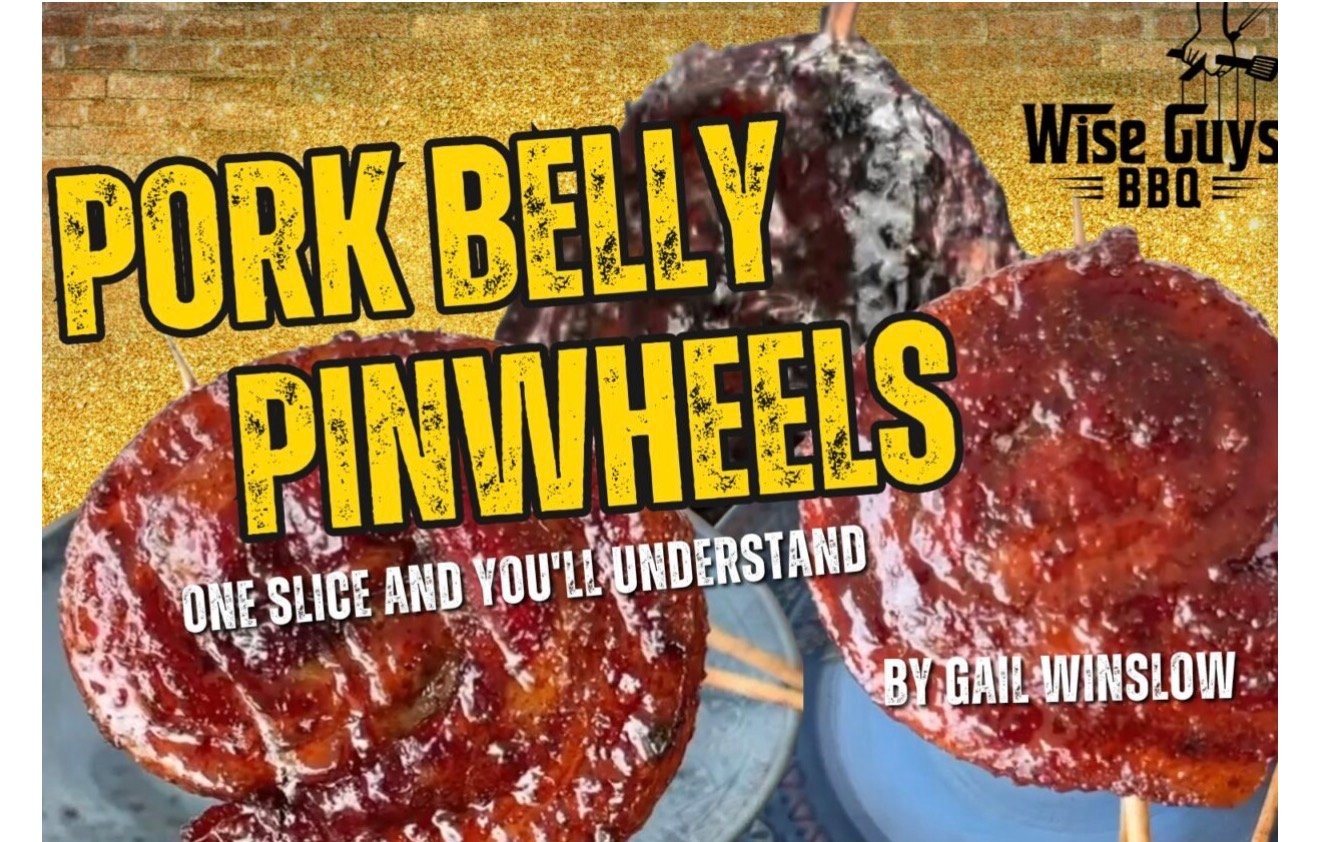pork belly pin wheels - BBQ News Pork Belly Pinwheels recipe from Wise Guys BBQ, showing two glazed pork slices on skewers against a golden background with bold yellow lettering.