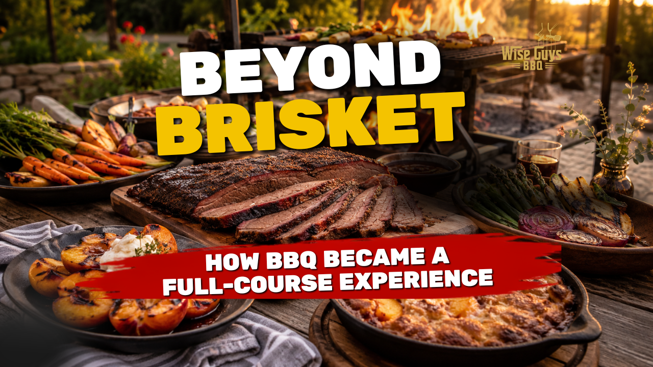 BBrisket - BBQ News Thumbnail for a BBQ video: backyard feast with sliced brisket, roasted potatoes, and grilled vegetables; bold 'BEYOND BRISKET' title and red banner 'How BBQ Became a Full-Course Experience' with Wise Guys BBQ logo.