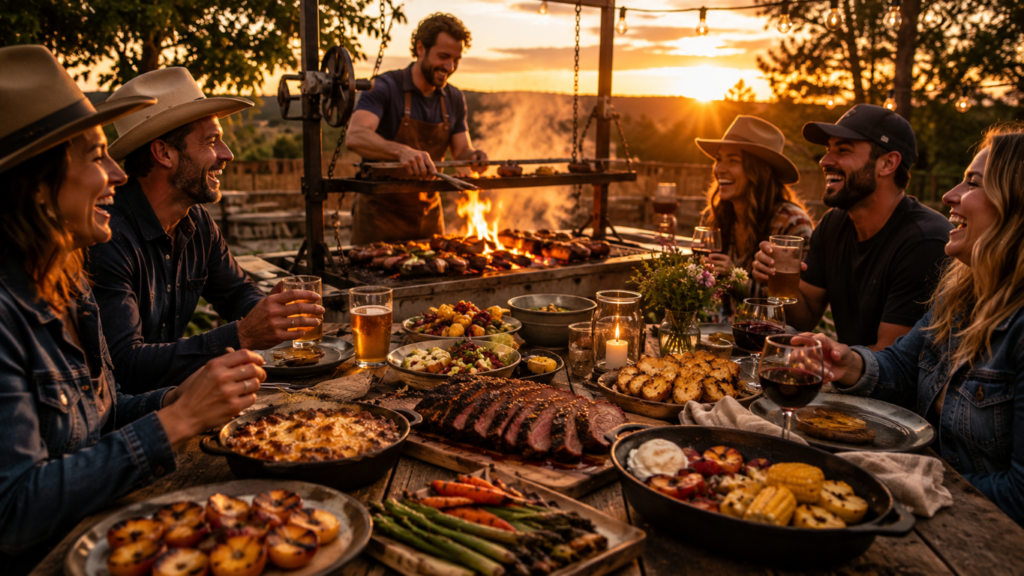 Friends Friends gathered around an outdoor barbecue at sunset, laughing and toasting with drinks as a grill and feast of meats and sides sit on the table.