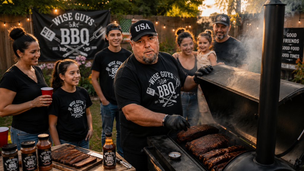 Group gathers around a man grilling ribs on a large smoker at a backyard BBQ, all wearing Wise Guys BBQ shirts.
