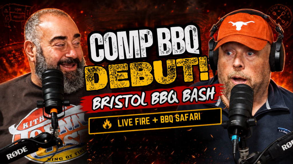 Two men with microphones talk on a fiery, intense background for a Bristol BBQ Bash podcast thumbnail, promoting the debut.