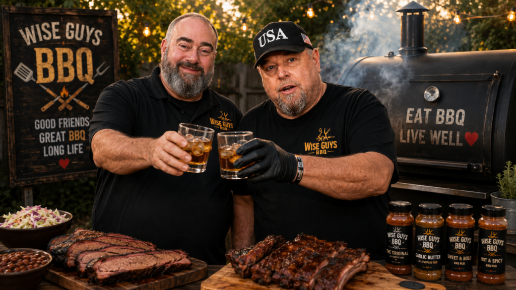 Two men in Wise Guys BBQ shirts toast with drinks beside a smoker, with sliced brisket, ribs, and sauce jars on the table; a Wise Guys BBQ sign is in the background.