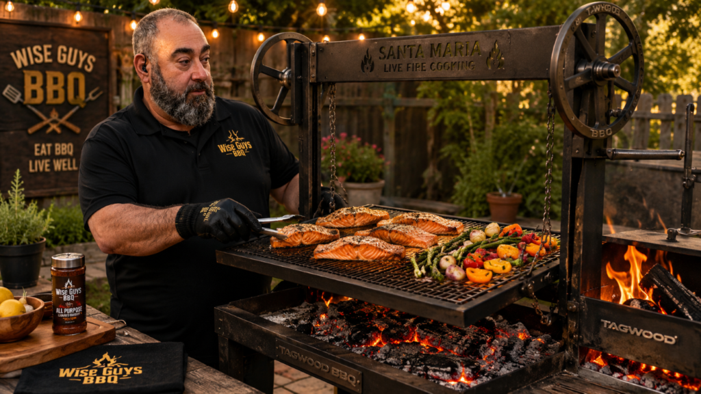 Bearded man grilling salmon and colorful vegetables on a large outdoor smoker with Wise Guys BBQ branding in the background.