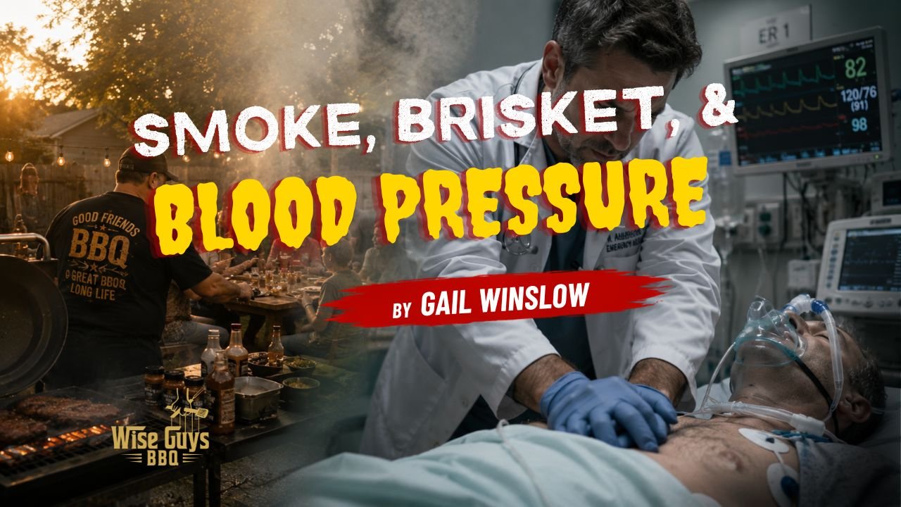 Video thumbnail: barbecue scene at sunset on the left and a doctor treating a patient in a hospital on the right, with bold text 'Smoke, Brisket & Blood Pressure' and a red banner 'By Gail Winslow' across the center