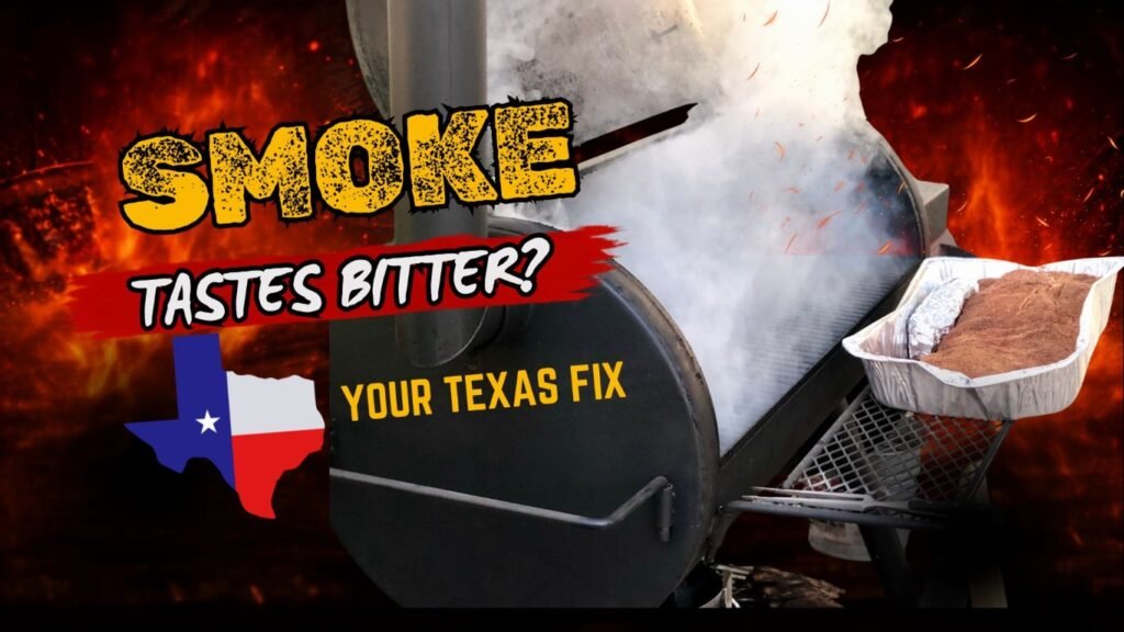 Promotional image of a barbecue smoker with fiery background, large 'SMOKE' and 'TASTES BITTER?' text, Texas flag outline