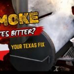 Promotional image of a barbecue smoker with fiery background, large 'SMOKE' and 'TASTES BITTER?' text, Texas flag outline