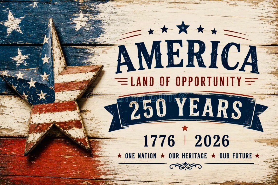 Patriotic design celebrating America’s 250 years with a wood background, star, and bold text: 1776–2026.
