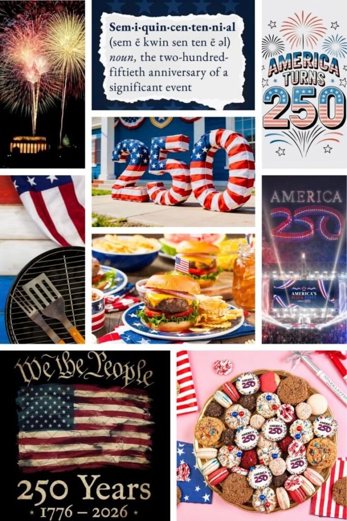 Patriotic collage celebrating America's 250th anniversary with fireworks, flag decor, and festive foods like burgers and cookies.