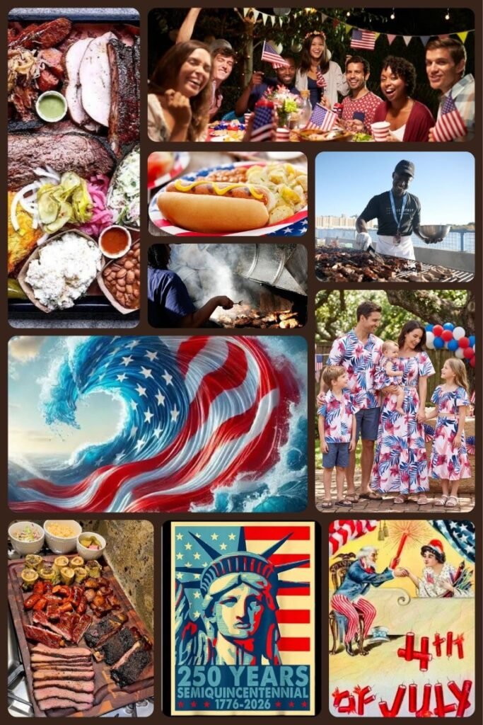 Collage of a July 4th celebration: barbecue grill, hot dogs, plates of food with a patriotic family gathering and flags on display.