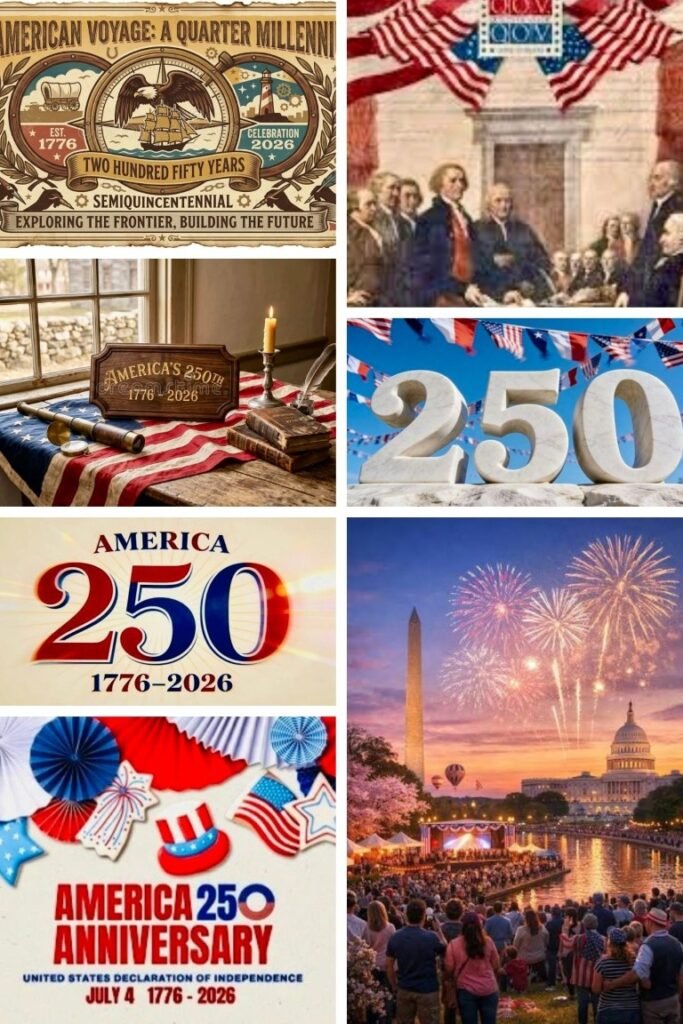 Patriotic collage celebrating America's 250th anniversary (1776–2026) with flags, banners, and fireworks.