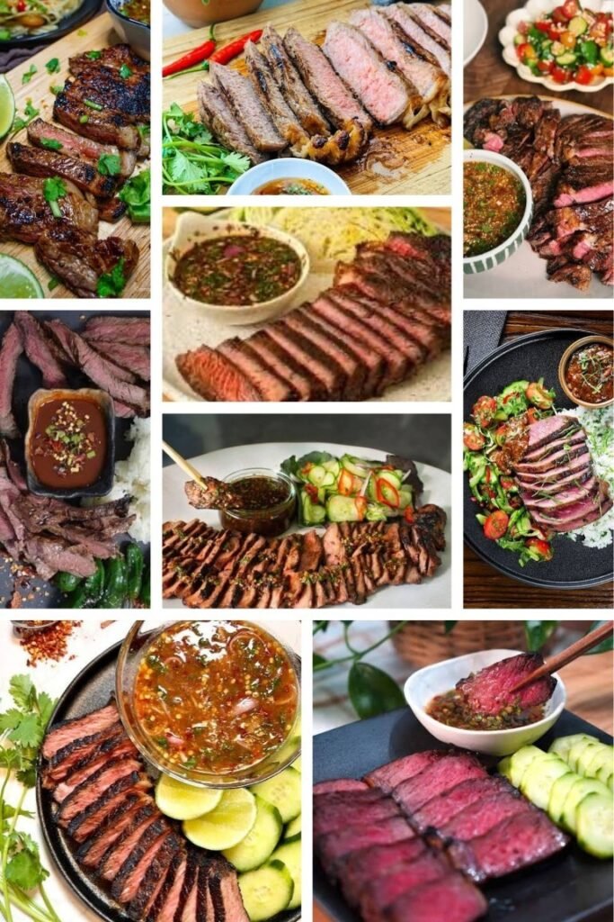 image004 Assorted grilled steaks sliced and plated with herbs on a wooden board.