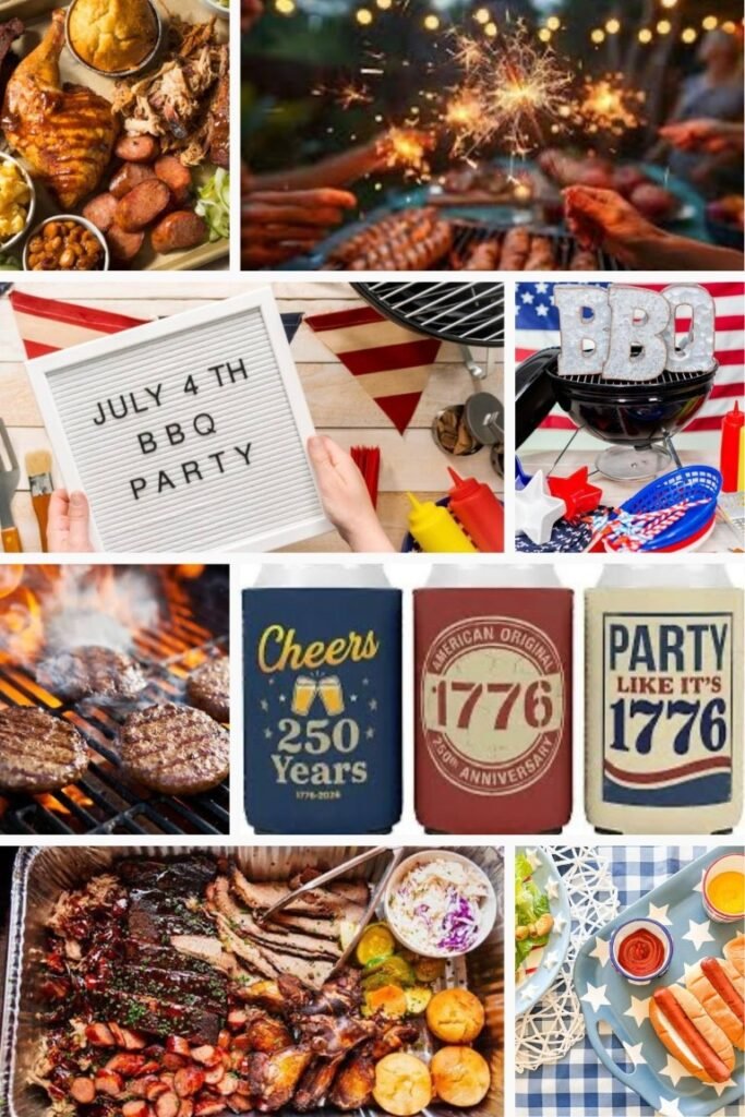 Collage from a Fourth of July BBQ: grilled meats, festive decor, sparklers, and a 'July 4th BBQ Party' sign on a patriotic table.