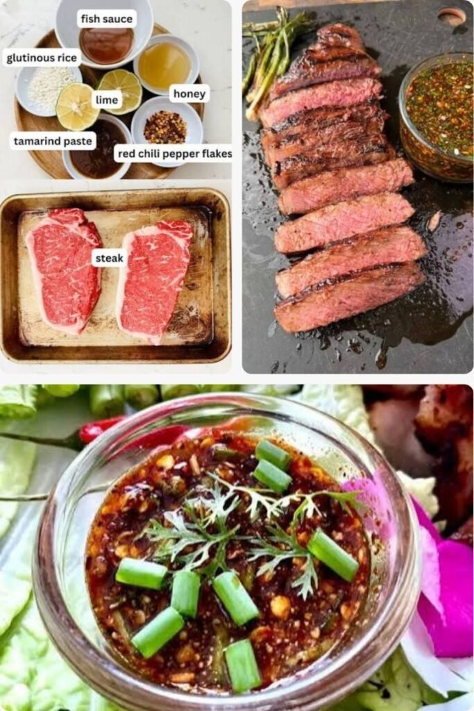 image005 Collage of steak ingredients with labeled sauces (fish sauce, tamarind paste, lime, honey, red pepper flakes, glutinous rice) and two raw steaks in a pan;