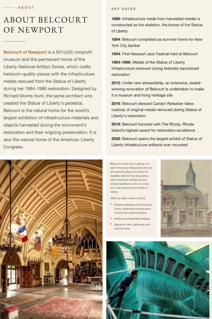 About Belcourt of Newport: an about page with text panels, a key dates timeline, and interior photos of the museum and exhibits.