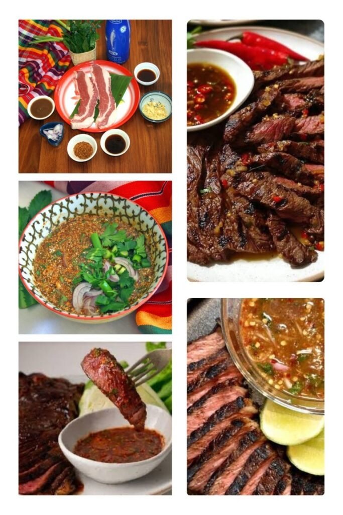 image006 Raw beef chops with dipping sauces and condiments on a wooden table.