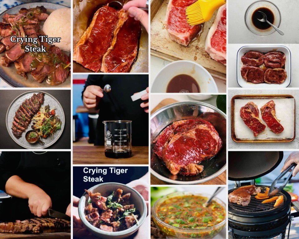 image007 Collage of steak and meat dishes being prepared and cooked, with 'Crying Tiger Steak' text visible on some images.