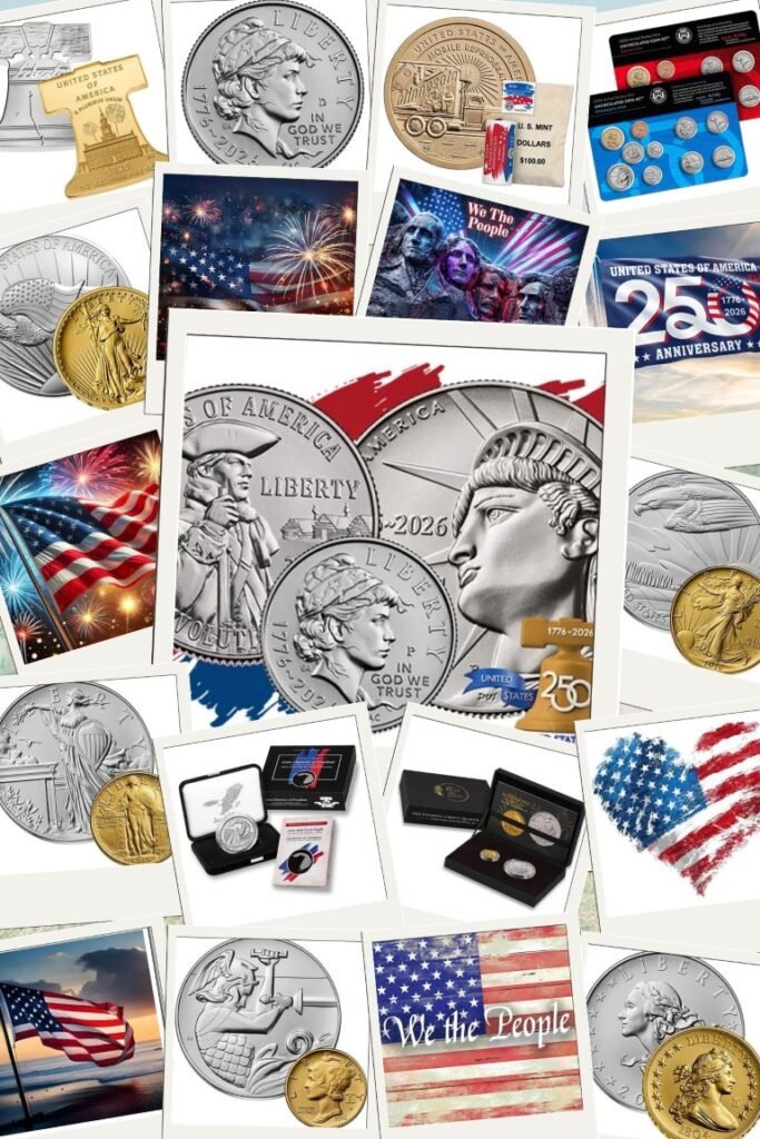 Collage of US coins, medals, and patriotic graphics including flags and fireworks.